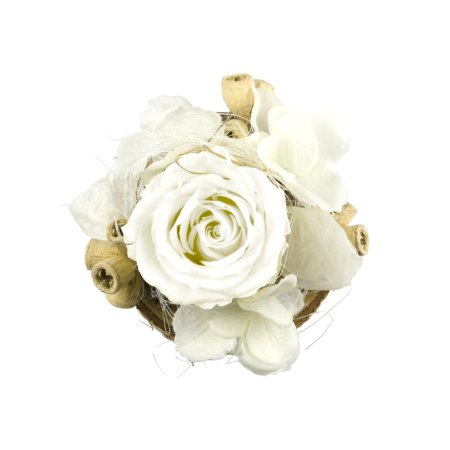 Tischdeko Weiße Rose auf Birkenscheibe
