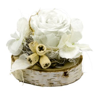Tischdeko Weiße Rose auf Birkenscheibe