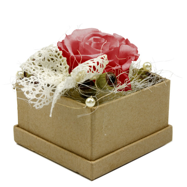 Rosenbox Eckig mit 1 roten Rose, Draht, Perlen und Schleife