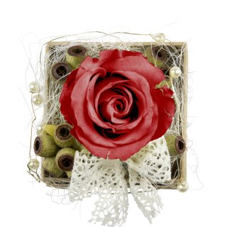 Rosenbox Eckig mit 1 roten Rose, Draht, Perlen und Schleife