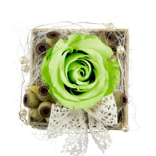 Rosenbox Eckig mit 1 grünen Rose, Draht, Perlen und Schleife