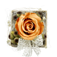 Rosenbox Eckig mit 1 Orange Rose, Draht, Perlen und Schleife