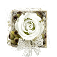Rosenbox Eckig mit 1 weißen Rose, Draht, Perlen und Schleife