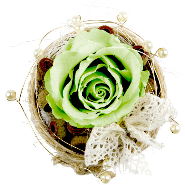 Rosenbox Rund mit 1 grünen Rose, Draht, Perlen und Kordel