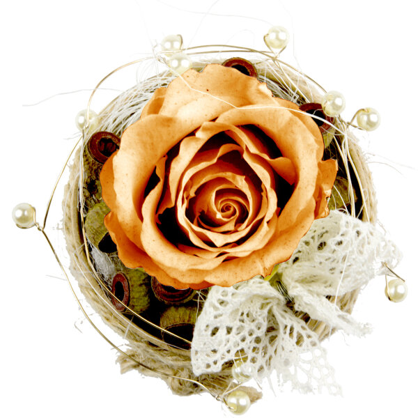 Rosenbox Rund mit 1 Orange Rose, Draht, Perlen und Kordel