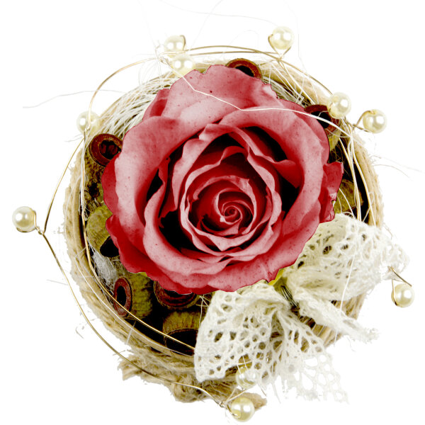 Rosenbox Rund mit 1 roten Rose, Draht, Perlen und Kordel