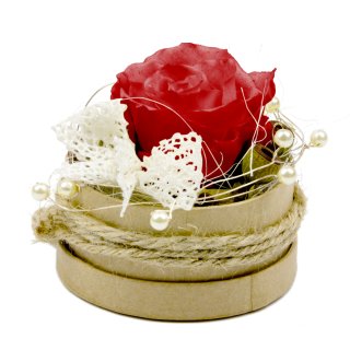 Rosenbox Rund mit 1 roten Rose, Draht, Perlen und Kordel