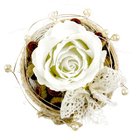 Rosenbox Rund mit 1 weißen Rose, Draht, Perlen und Kordel