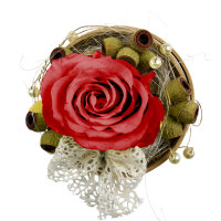Rosenbox Rund mit 1 roten Rose, Draht, Perlen und Schleife