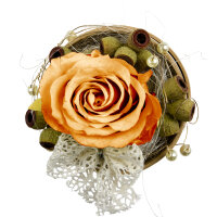 Rosenbox Rund mit 1 Orange Rose, Draht, Perlen und Schleife