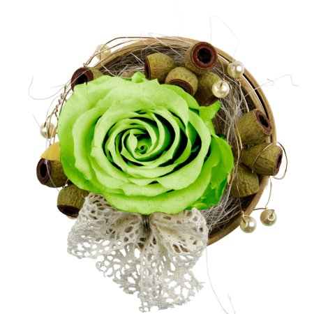 Rosenbox Rund mit 1 grünen Rose, Draht, Perlen und Schleife