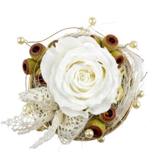 Rosenbox Rund mit 1 weißen Rose, Draht, Perlen und Schleife