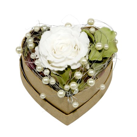 Herz Rosenbox mit 1 weißen Rose - 9 cm