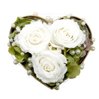 Herz Rosenbox mit 3 weißen Rosen - 12 cm