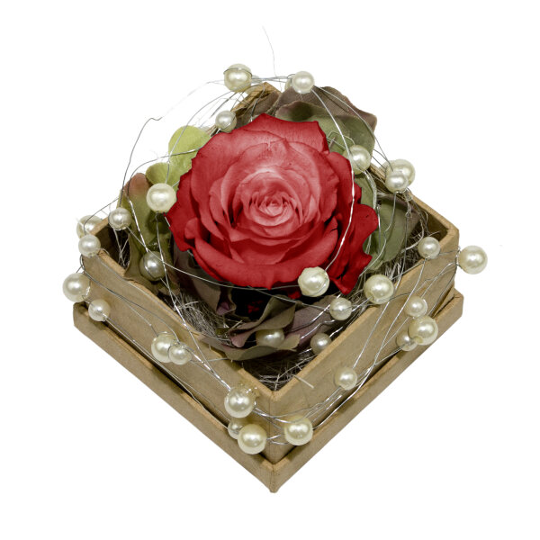 Rosenbox Rund mit 1 roten Rose, Draht und Perlen