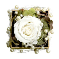 Rosenbox Rund mit 1 weißen Rose, Draht und Perlen